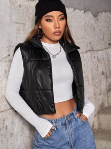 Chaleco corto con cremallera delantera, abrigo acolchado - Negro - Ver 4