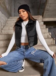 Chaleco corto con cremallera delantera, abrigo acolchado - Negro - Ver 5