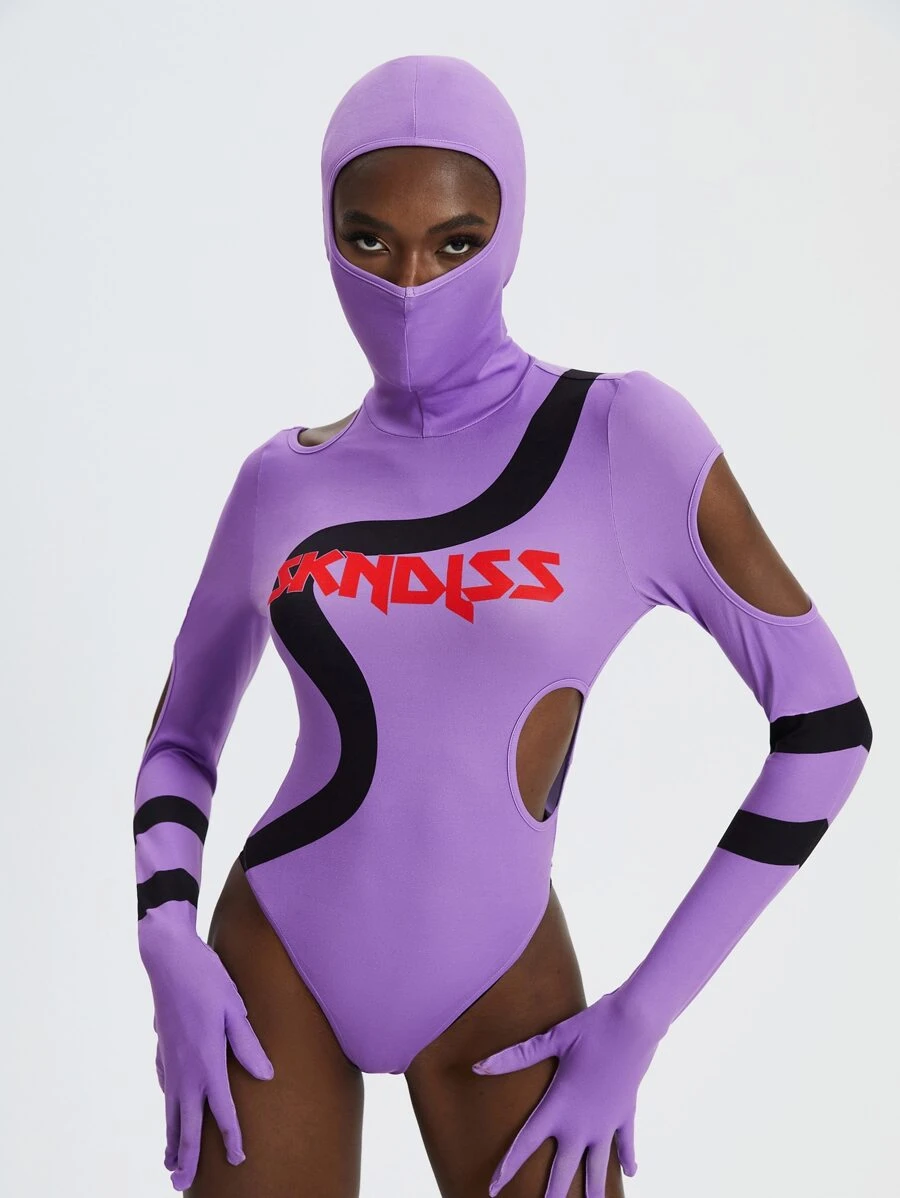 SKNDLSS Letter Graphic Cut Out Masked Bodysuit - Lilac Purple - View 1