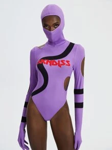 SKNDLSS Letter Graphic Cut Out Masked Bodysuit - Lilac Purple - View 3