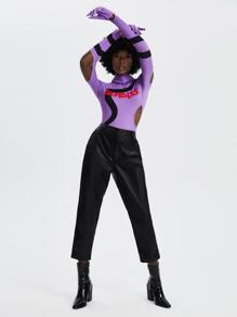 SKNDLSS Letter Graphic Cut Out Masked Bodysuit - Lilac Purple - View 4