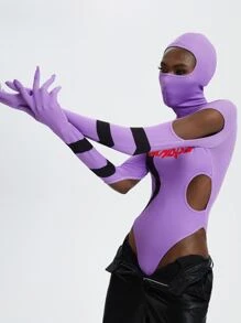 SKNDLSS Letter Graphic Cut Out Masked Bodysuit - Lilac Purple - View 5