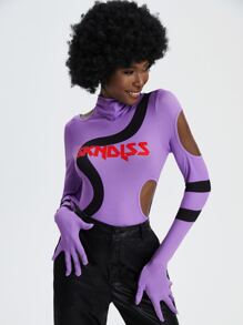 SKNDLSS Letter Graphic Cut Out Masked Bodysuit - Lilac Purple - View 6