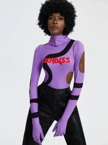 SKNDLSS Letter Graphic Cut Out Masked Bodysuit - Lilac Purple - View 7