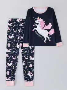 Girls Unicorn & Letter Graphic Snug Fit PJ Set - Navy Blue - View 1
