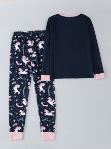 Girls Unicorn & Letter Graphic Snug Fit PJ Set - Navy Blue - View 2