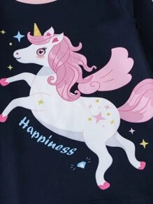 Girls Unicorn & Letter Graphic Snug Fit PJ Set - Navy Blue - View 3