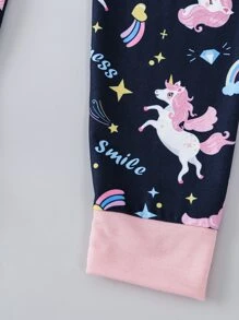 Girls Unicorn & Letter Graphic Snug Fit PJ Set - Navy Blue - View 4
