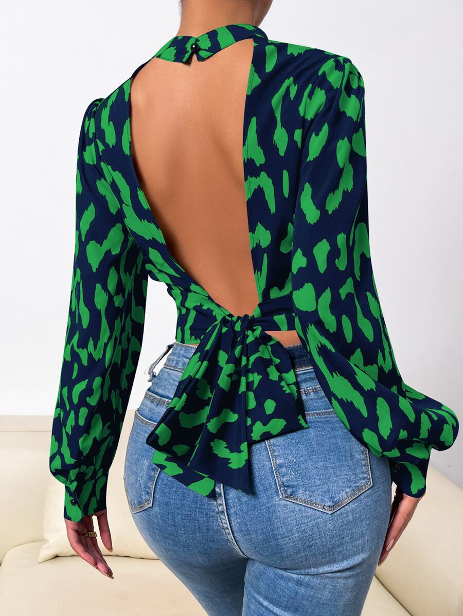 SHEIN Privé 滿版印花後背繫帶燈籠袖短款襯衫 - 彩色 - 查看 1