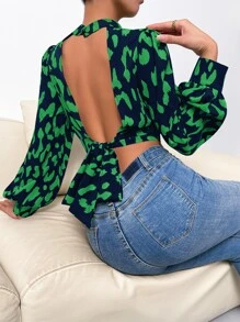 SHEIN Privé 滿版印花後背繫帶燈籠袖短款襯衫 - 彩色 - 查看 2