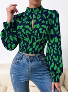 SHEIN Privé 滿版印花後背繫帶燈籠袖短款襯衫 - 彩色 - 查看 5