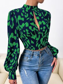 SHEIN Privé 滿版印花後背繫帶燈籠袖短款襯衫 - 彩色 - 查看 6