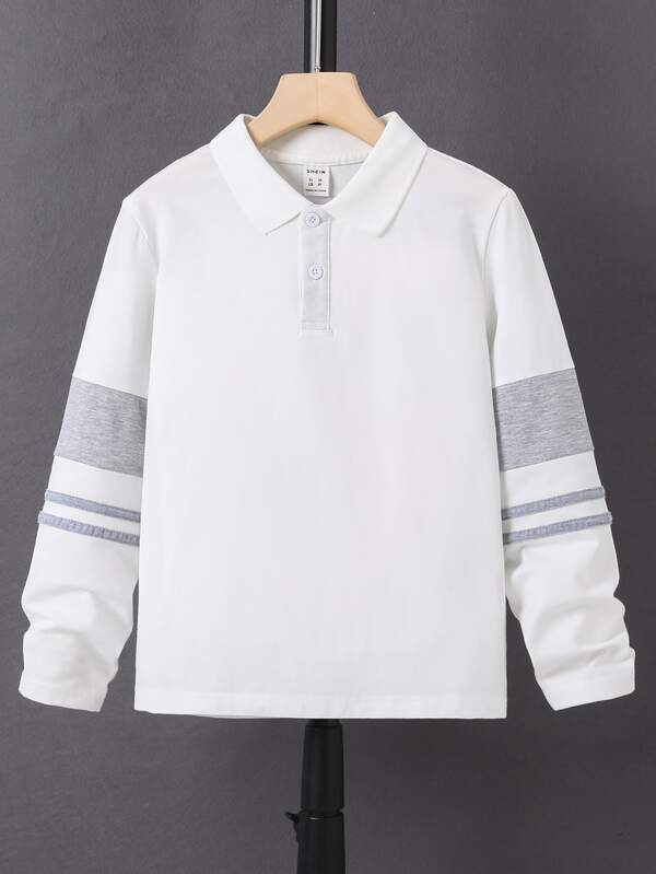 SHEIN Tween Boy Color Block Long Sleeve Polo Shirt, Simple & Stylish Collared Tee