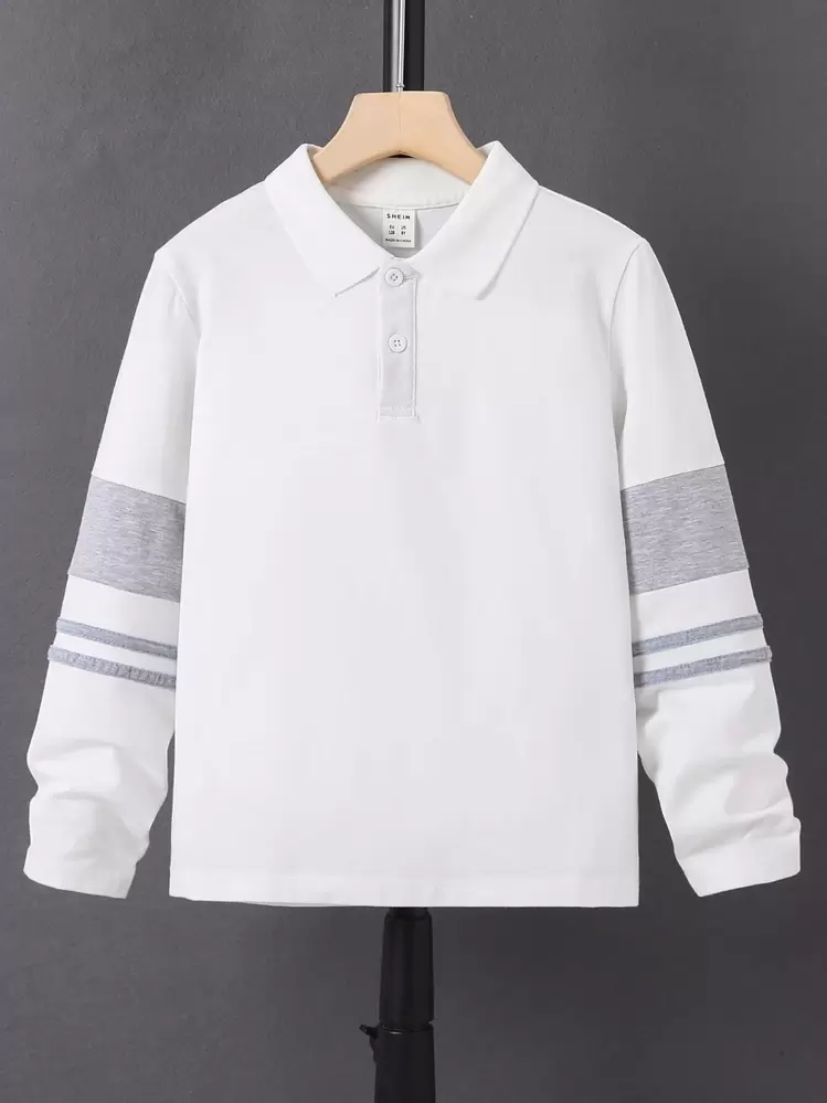 SHEIN Tween Boy Color Block Long Sleeve Polo Shirt, Simple & Stylish Collared Tee Chic Autumn/Winter - White - View 5