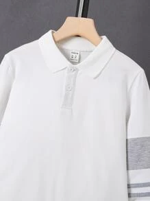 SHEIN 男童撞色长袖Polo衫，简约时尚翻领T恤，秋冬必备 - 白色 - 查看 4