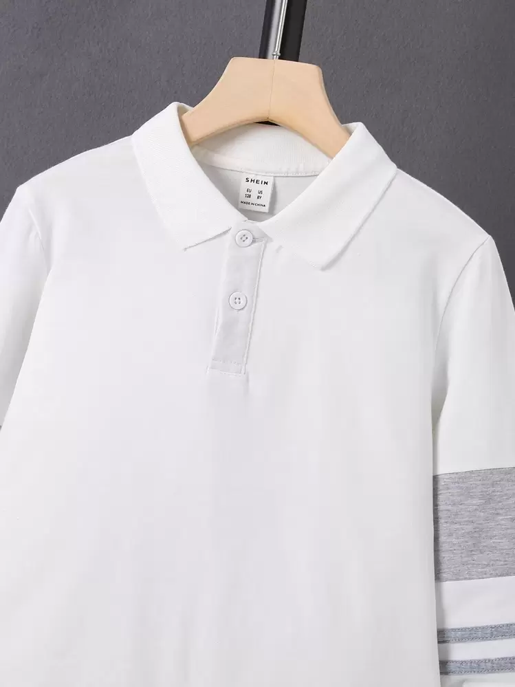 SHEIN Tween Boy Color Block Long Sleeve Polo Shirt, Simple & Stylish Collared Tee Chic Autumn/Winter - White - View 4