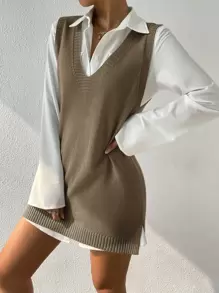 SHEIN VCAY Plus Size Deep V-Neck Basic Knit Sweater Vest Dress. Parties, Music Festivals, Home Wear, Back-To-School Events, Gifting, And Shopping.Fall Sweaters,Sweater Vest,Winter Clothes,Knitted Dress - Khaki - View 1