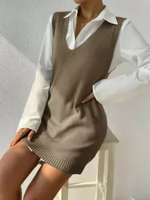 SHEIN VCAY Plus Size Deep V-Neck Basic Knit Sweater Vest Dress. Parties, Music Festivals, Home Wear, Back-To-School Events, Gifting, And Shopping.Fall Sweaters,Sweater Vest,Winter Clothes,Knitted Dress - Khaki - View 4