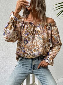 SHEIN LUNE 佩斯利印花一字肩褶邊前打結荷葉袖襯衫 - 彩色 - 查看 1