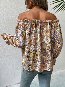 SHEIN LUNE 佩斯利印花一字肩褶邊前打結荷葉袖襯衫 - 彩色 - 查看 2