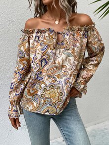 SHEIN LUNE 佩斯利印花一字肩褶邊前打結荷葉袖襯衫 - 彩色 - 查看 4