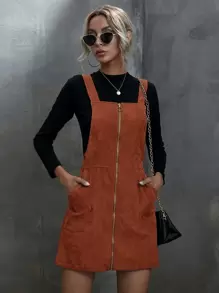 SHEIN LUNE Vestido de veludo cotelê com zíper - Marrom - Visão 1