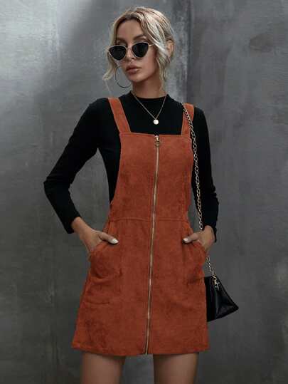 SHEIN LUNE Corduroy O-Ring Zipper Mini Overall Dress