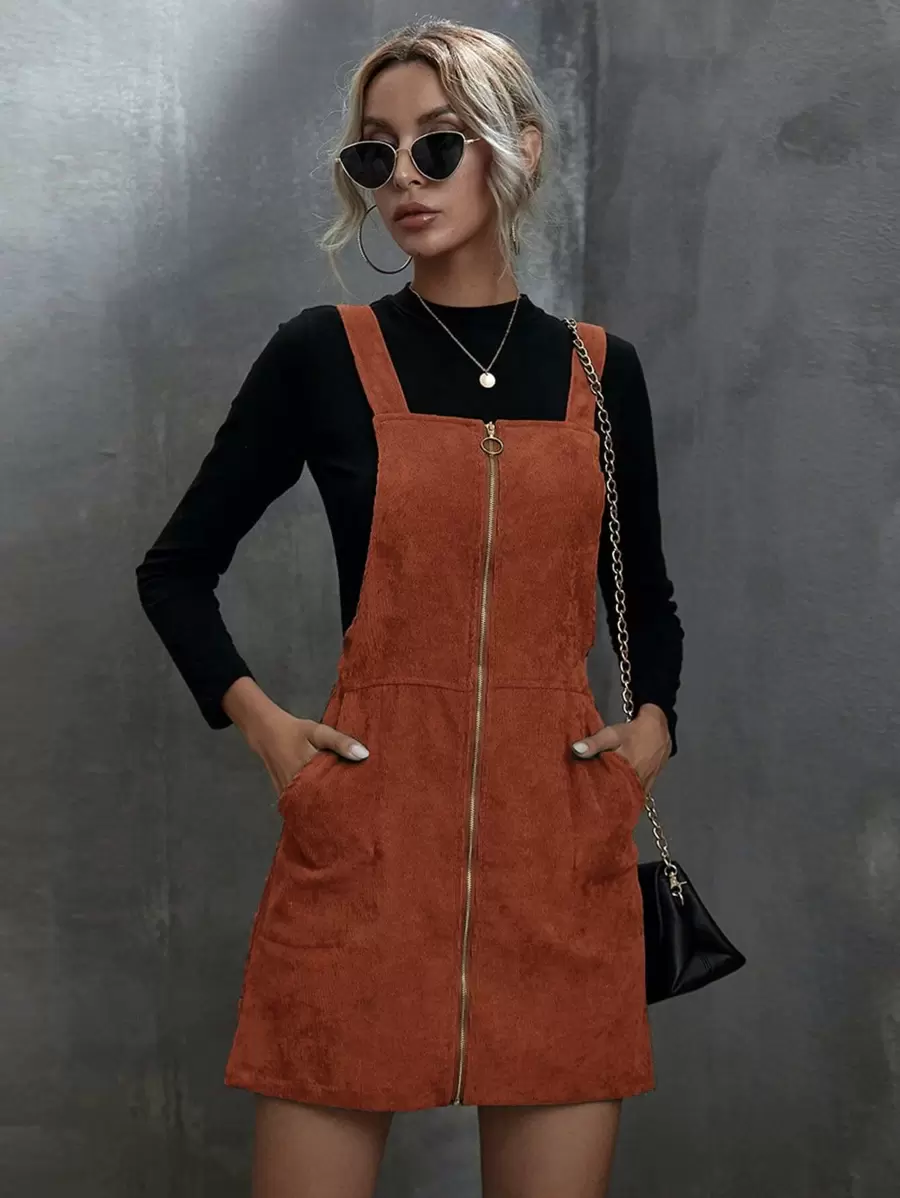 SHEIN LUNE Vestido de veludo cotelê com zíper - Marrom - Visão 1