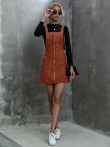 SHEIN LUNE Vestido de veludo cotelê com zíper - Marrom - Visão 3