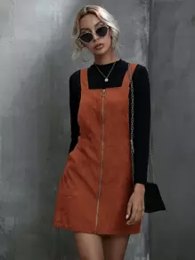 SHEIN LUNE Vestido de veludo cotelê com zíper - Marrom - Visão 4