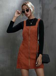 SHEIN LUNE Vestido de veludo cotelê com zíper - Marrom - Visão 5