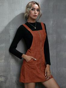 SHEIN LUNE Vestido de veludo cotelê com zíper - Marrom - Visão 6