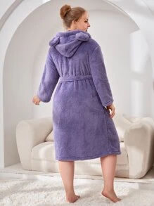 Bata de dormir con diseño de oreja 3D con capucha con cinturón de franela sin forro - Morado Violeta - Ver 2