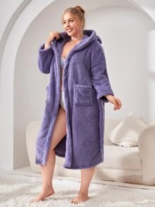 Bata de dormir con diseño de oreja 3D con capucha con cinturón de franela sin forro - Morado Violeta - Ver 4