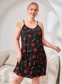 Plus Lip Print Lettuce Trim Cami Night Dress - Multicolor - View 1