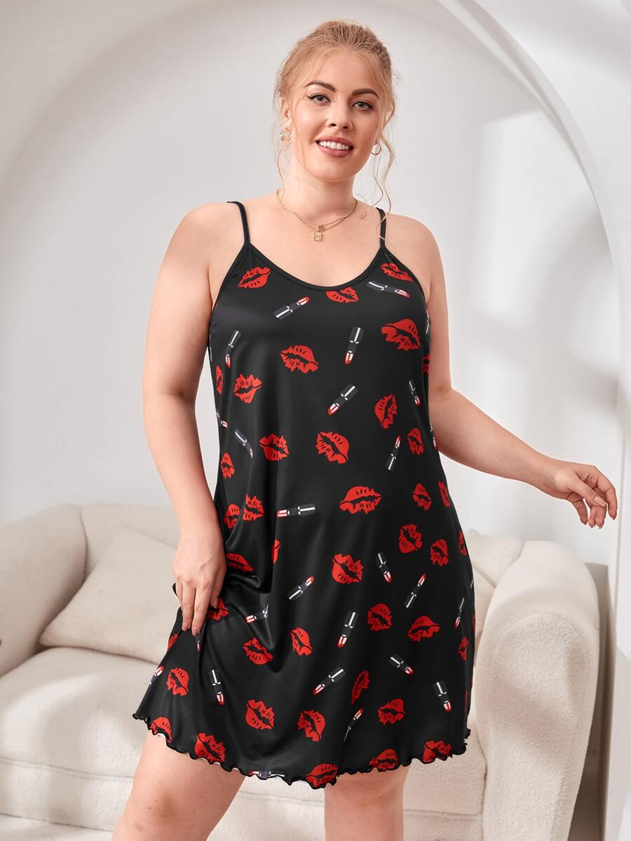 Plus Lip Print Lettuce Trim Cami Night Dress - Multicolor - View 1