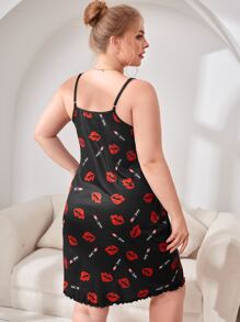 Plus Lip Print Lettuce Trim Cami Night Dress - Multicolor - View 2