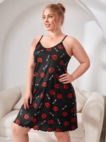 Plus Lip Print Lettuce Trim Cami Night Dress - Multicolor - View 3