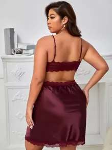 Plus Contrast Lace Cut Out Back Satin Cami Night Dress - Maroon - View 1