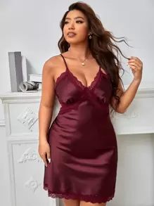 Plus Contrast Lace Cut Out Back Satin Cami Night Dress - Maroon - View 2