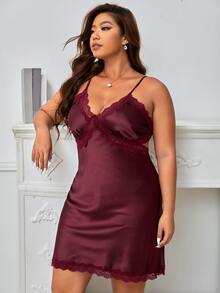 Plus Contrast Lace Cut Out Back Satin Cami Night Dress - Maroon - View 4