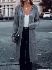 SHEIN LUNE Drop Shoulder Pocket Patched Split Hem Hooded Duster Cardigan - Grey - View 1