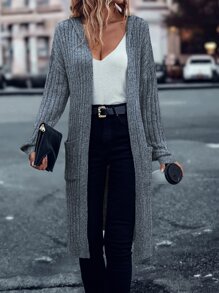 SHEIN LUNE Drop Shoulder Pocket Patched Split Hem Hooded Duster Cardigan - Grey - View 3