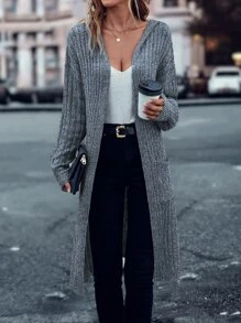 SHEIN LUNE Drop Shoulder Pocket Patched Split Hem Hooded Duster Cardigan - Grey - View 4