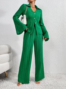 SHEIN Privé Bell Sleeve Plisse Shirt & Wide Leg Pants - Green - View 1