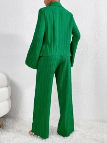 SHEIN Privé Bell Sleeve Plisse Shirt & Wide Leg Pants - Green - View 2
