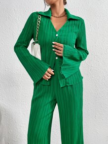 SHEIN Privé Bell Sleeve Plisse Shirt & Wide Leg Pants - Green - View 3