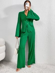 SHEIN Privé Bell Sleeve Plisse Shirt & Wide Leg Pants - Green - View 6