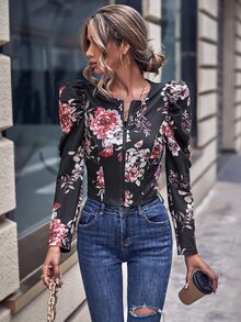 SHEIN LUNE Floral Print Gigot Sleeve Crop Jacket - Black - View 4