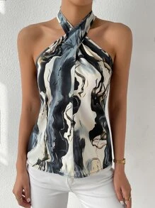 Chiquease Top halter con estampado de mármol con cordón trasero - Multicolor - Ver 4